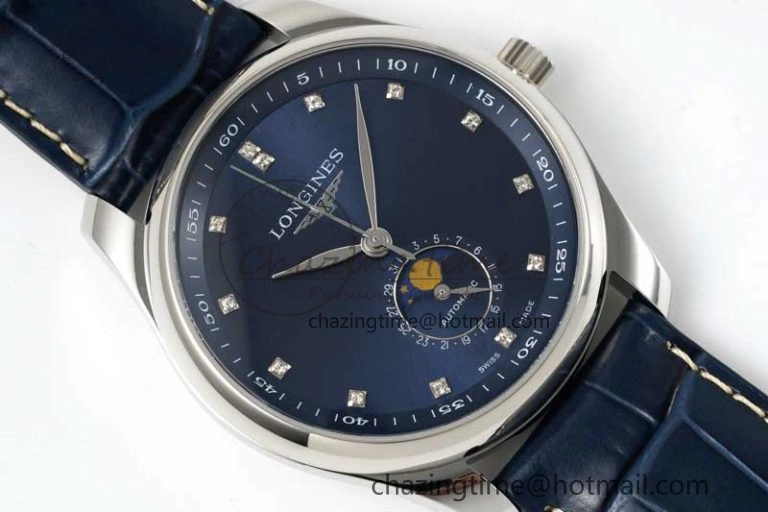 Master Moonphase SS APSF 1:1 Best Edition Blue Diamonds Dial on Blue Leather Strap AL899