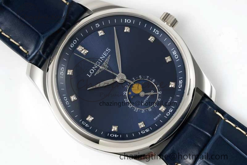 Master Moonphase SS APSF 1:1 Best Edition Blue Diamonds Dial on Blue Leather Strap AL899