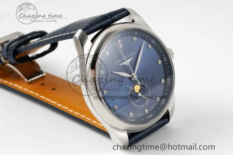 Master Moonphase SS APSF 1:1 Best Edition Blue Diamonds Dial on Blue Leather Strap AL899