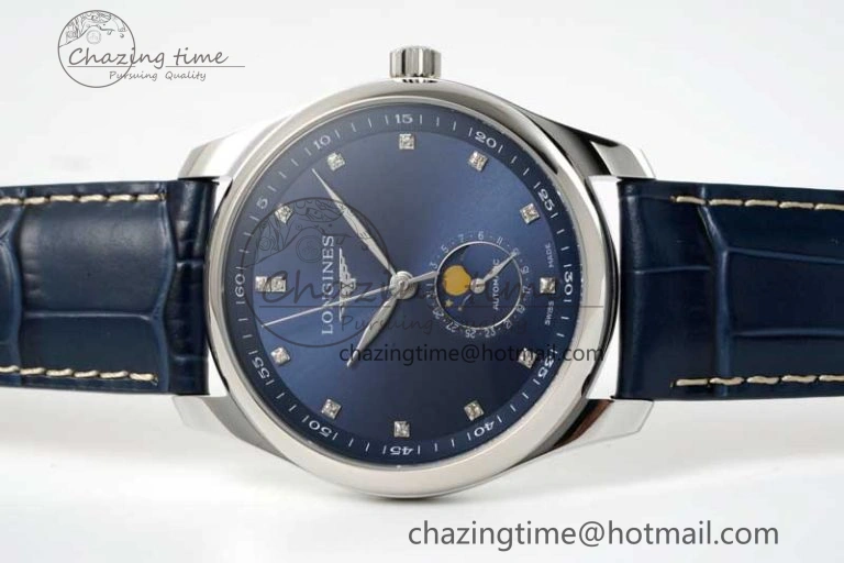 Master Moonphase SS APSF 1:1 Best Edition Blue Diamonds Dial on Blue Leather Strap AL899