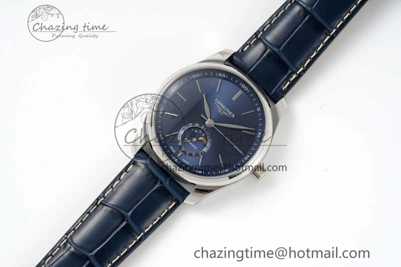 Master Moonphase SS APSF 1:1 Best Edition Blue Stick Dial on Blue Leather Strap AL899