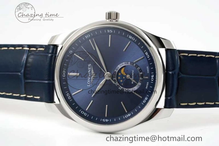 Master Moonphase SS APSF 1:1 Best Edition Blue Stick Dial on Blue Leather Strap AL899