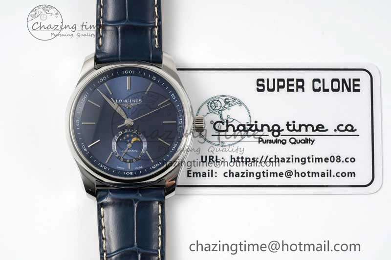 Master Moonphase SS APSF 1:1 Best Edition Blue Stick Dial on Blue Leather Strap AL899