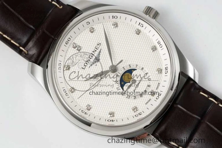 Master Moonphase SS APSF 1:1 Best Edition White Diamonds Dial on Brown Leather Strap AL899