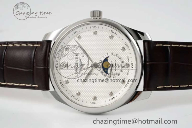 Master Moonphase SS APSF 1:1 Best Edition White Diamonds Dial on Brown Leather Strap AL899