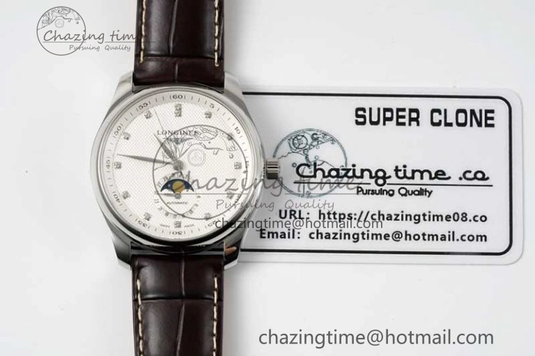 Master Moonphase SS APSF 1:1 Best Edition White Diamonds Dial on Brown Leather Strap AL899