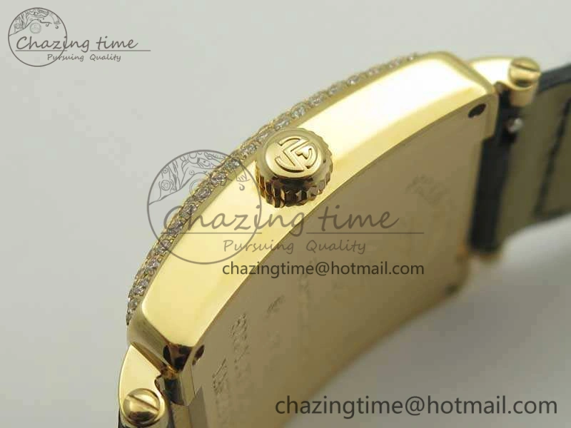Master Square RG Ladies GF 1:1 Best Edition Full Paved Diamonds On Black Leather Strap Swiss Quartz