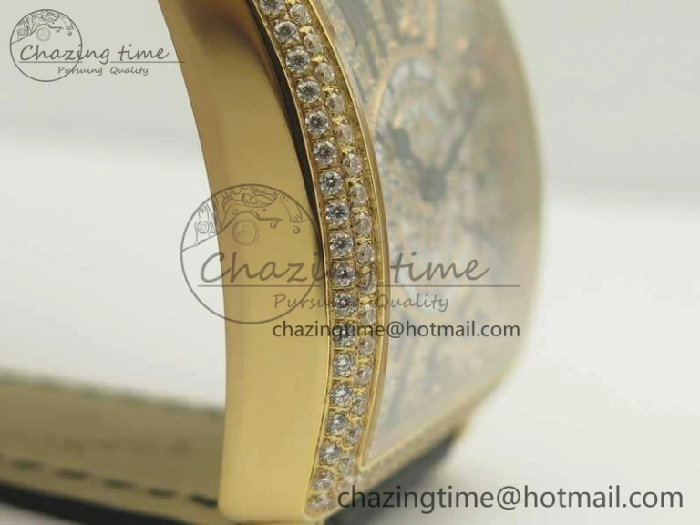 Master Square RG Ladies GF 1:1 Best Edition Full Paved Diamonds On Black Leather Strap Swiss Quartz