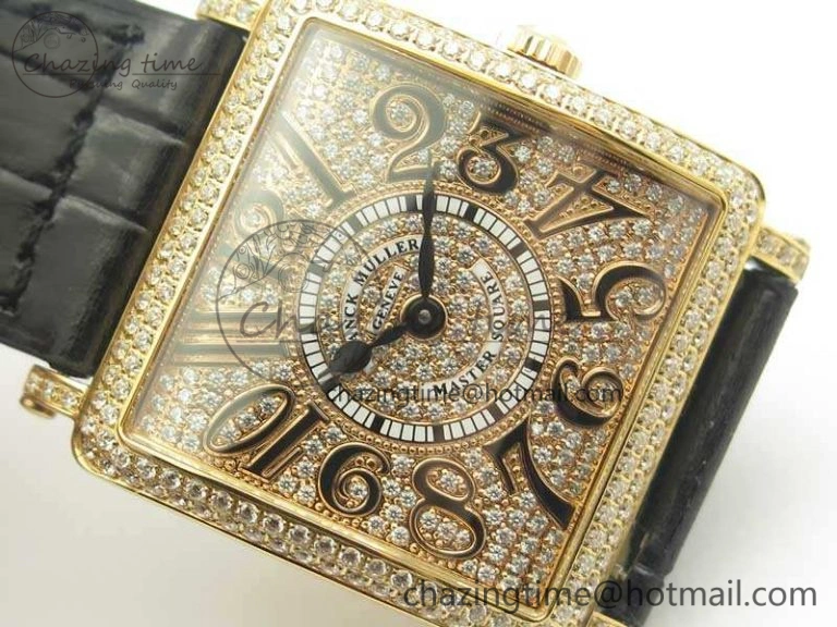 Master Square RG Ladies GF 1:1 Best Edition Full Paved Diamonds On Black Leather Strap Swiss Quartz