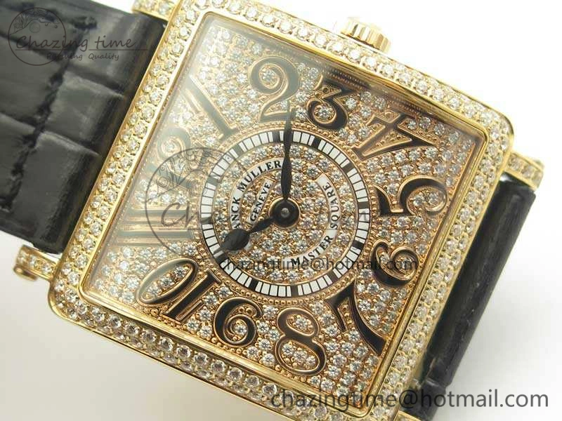 Master Square RG Ladies GF 1:1 Best Edition Full Paved Diamonds On Black Leather Strap Swiss Quartz