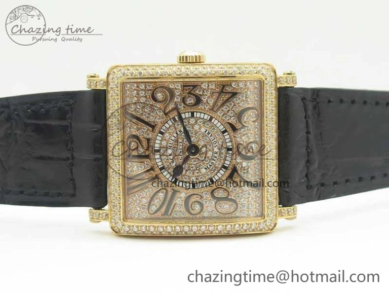 Master Square RG Ladies GF 1:1 Best Edition Full Paved Diamonds On Black Leather Strap Swiss Quartz