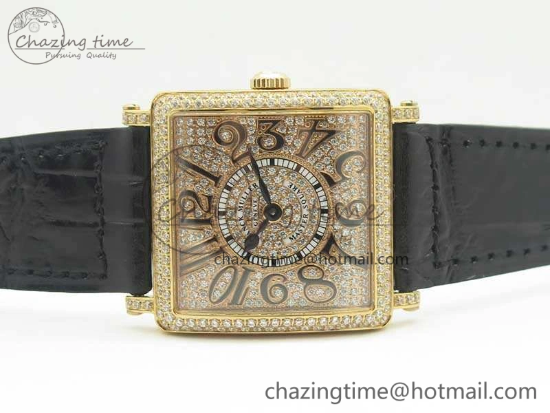 Master Square RG Ladies GF 1:1 Best Edition Full Paved Diamonds On Black Leather Strap Swiss Quartz