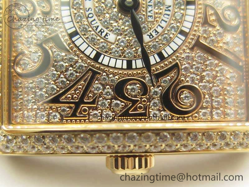 Master Square RG Ladies GF 1:1 Best Edition Full Paved Diamonds On Black Leather Strap Swiss Quartz