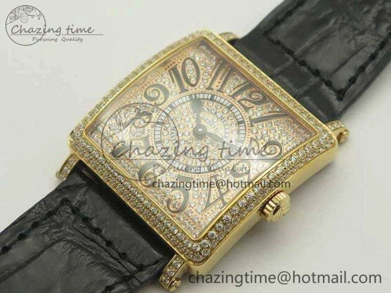 Master Square RG Ladies GF 1:1 Best Edition Full Paved Diamonds On Black Leather Strap Swiss Quartz