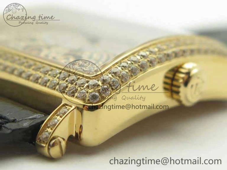 Master Square RG Ladies GF 1:1 Best Edition Full Paved Diamonds On Black Leather Strap Swiss Quartz