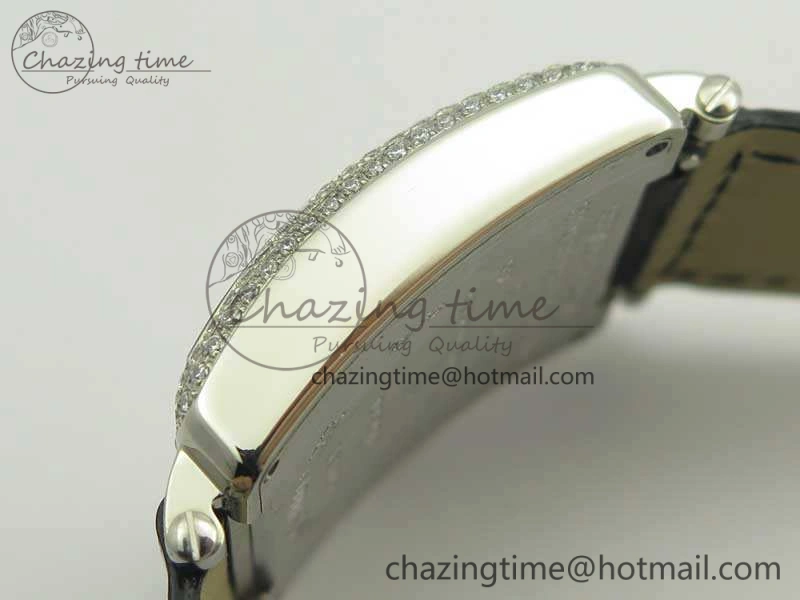 Master Square SS Ladies GF 1:1 Best Edition Full Paved Diamonds On Black Leather Strap Swiss Quartz