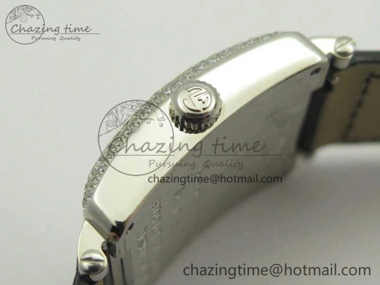 Master Square SS Ladies GF 1:1 Best Edition Full Paved Diamonds On Black Leather Strap Swiss Quartz
