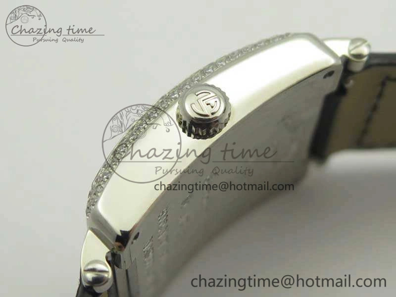 Master Square SS Ladies GF 1:1 Best Edition Full Paved Diamonds On Black Leather Strap Swiss Quartz