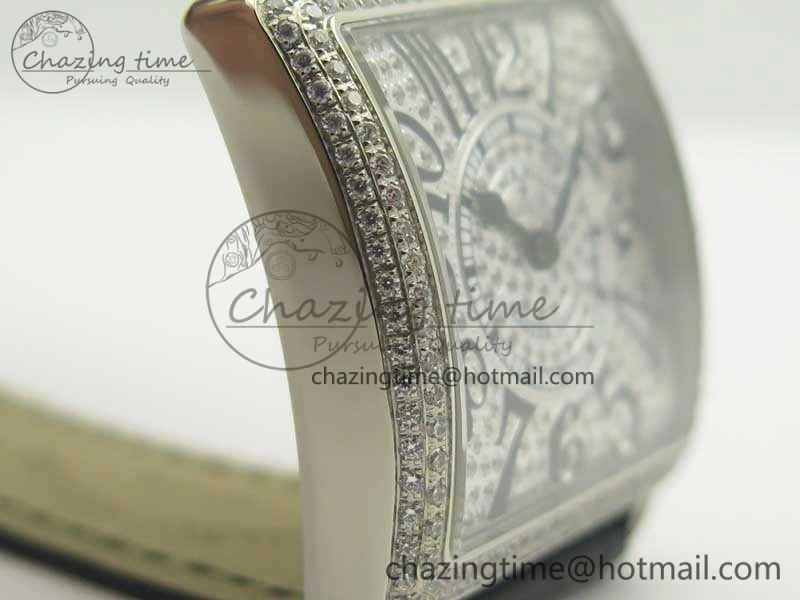 Master Square SS Ladies GF 1:1 Best Edition Full Paved Diamonds On Black Leather Strap Swiss Quartz