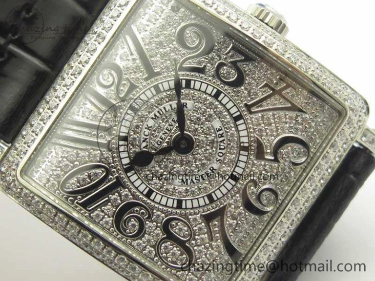 Master Square SS Ladies GF 1:1 Best Edition Full Paved Diamonds On Black Leather Strap Swiss Quartz