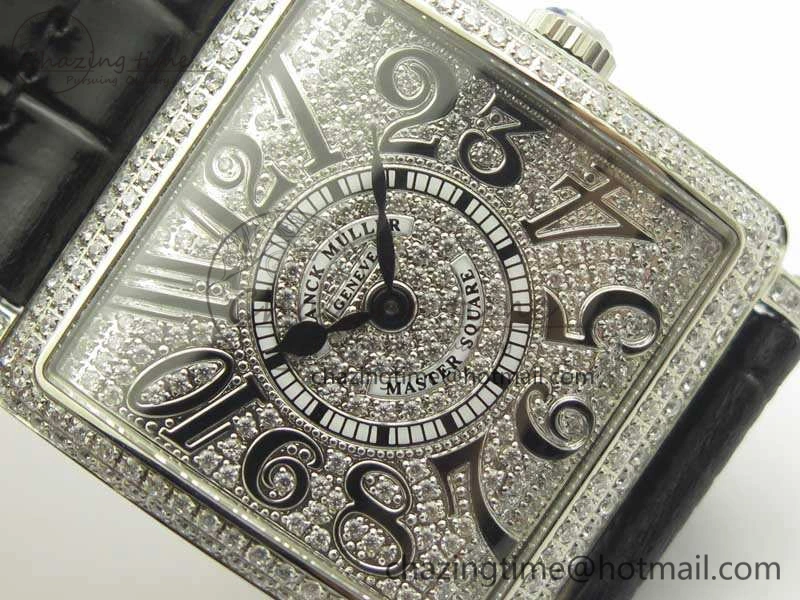 Master Square SS Ladies GF 1:1 Best Edition Full Paved Diamonds On Black Leather Strap Swiss Quartz