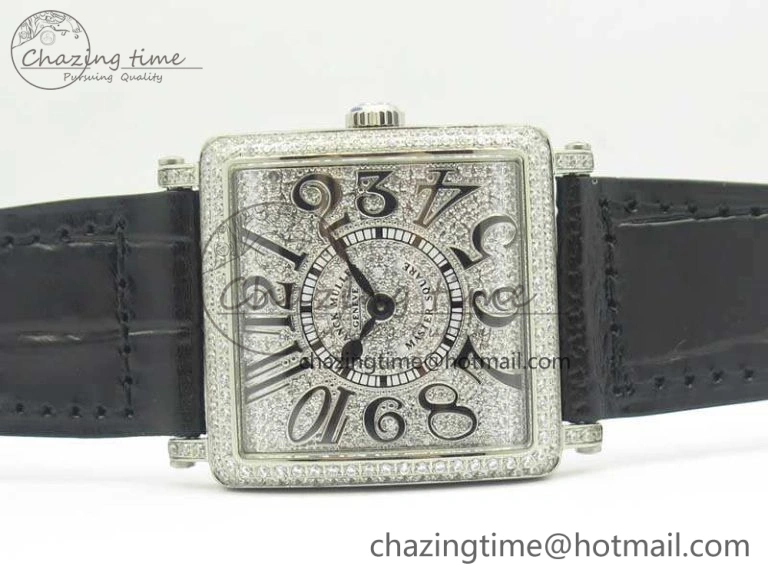 Master Square SS Ladies GF 1:1 Best Edition Full Paved Diamonds On Black Leather Strap Swiss Quartz