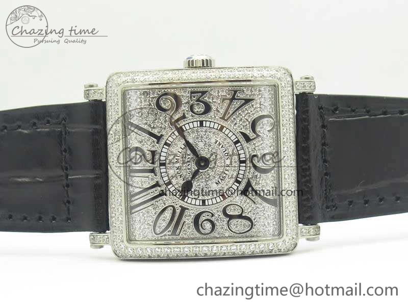 Master Square SS Ladies GF 1:1 Best Edition Full Paved Diamonds On Black Leather Strap Swiss Quartz