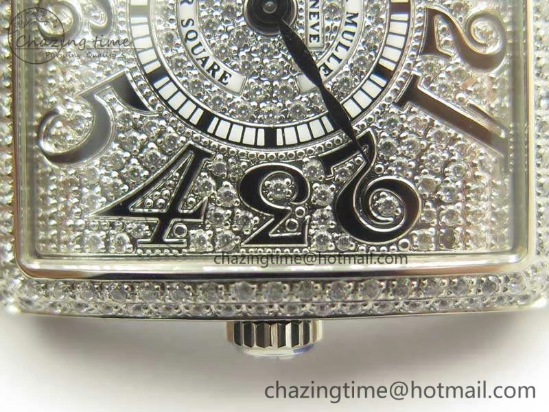 Master Square SS Ladies GF 1:1 Best Edition Full Paved Diamonds On Black Leather Strap Swiss Quartz