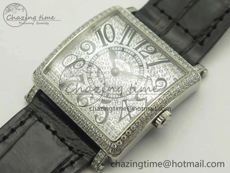 Master Square SS Ladies GF 1:1 Best Edition Full Paved Diamonds On Black Leather Strap Swiss Quartz