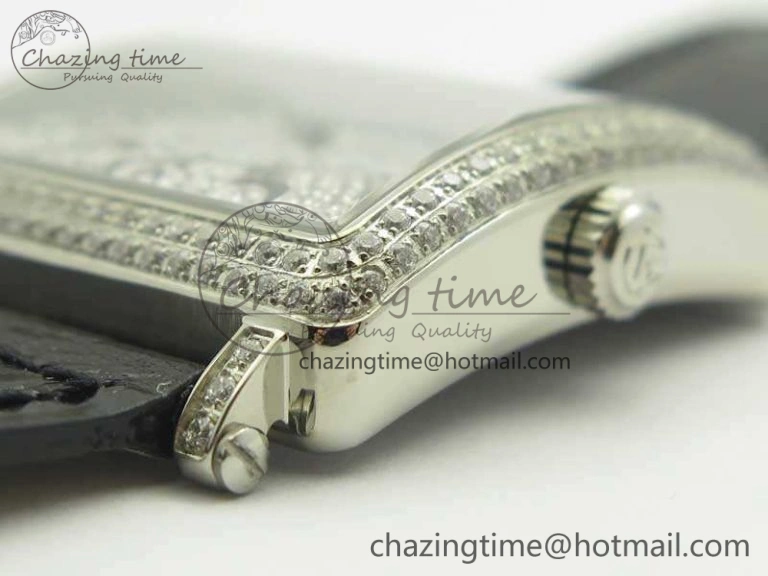 Master Square SS Ladies GF 1:1 Best Edition Full Paved Diamonds On Black Leather Strap Swiss Quartz