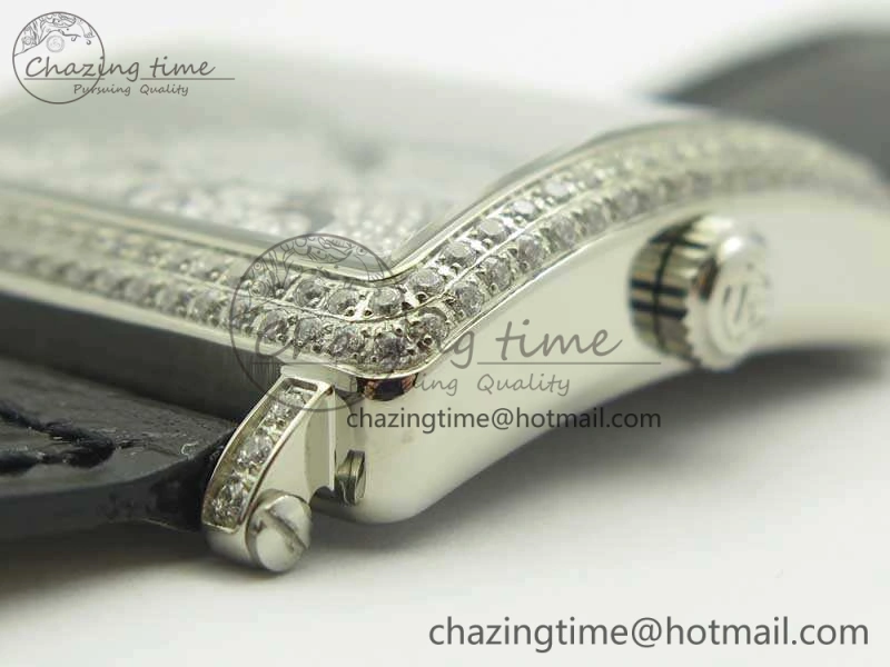 Master Square SS Ladies GF 1:1 Best Edition Full Paved Diamonds On Black Leather Strap Swiss Quartz