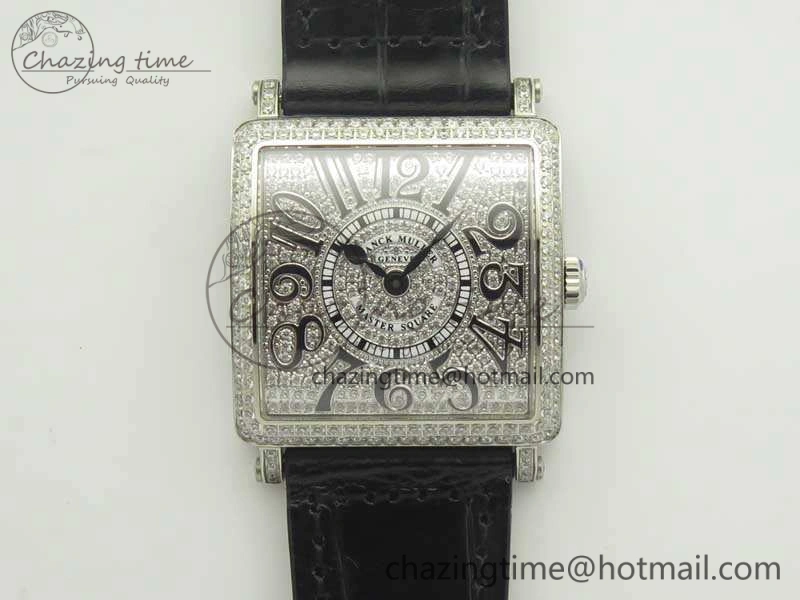 Master Square SS Ladies GF 1:1 Best Edition Full Paved Diamonds On Black Leather Strap Swiss Quartz