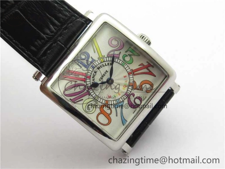 Master Square SS Ladies ZF 1:1 Best Edition White Colorful Arabic Dial on Black Leather Strap Ronda Quartz