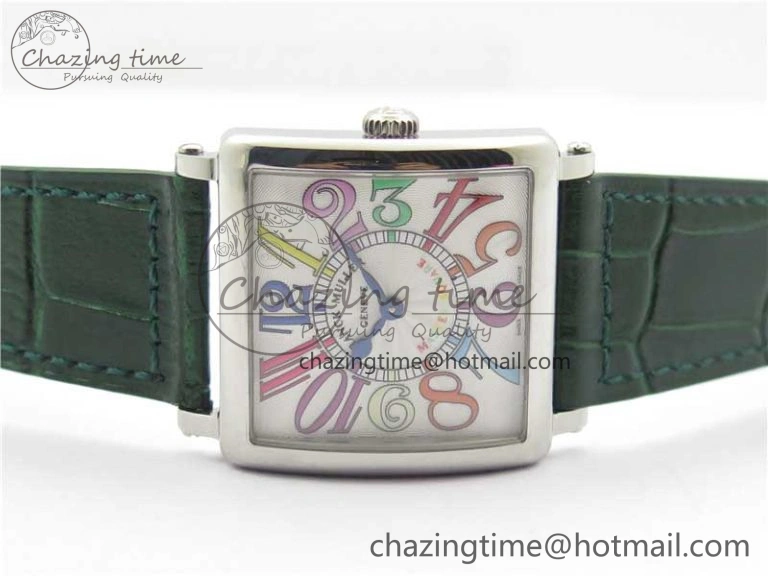 Master Square SS Ladies ZF 1:1 Best Edition White Colorful Arabic Dial on Green Leather Strap Ronda Quartz