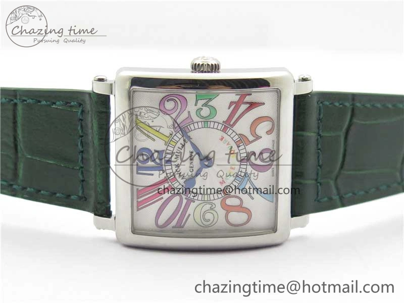 Master Square SS Ladies ZF 1:1 Best Edition White Colorful Arabic Dial on Green Leather Strap Ronda Quartz