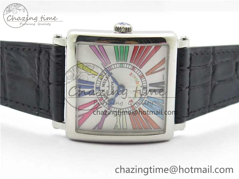Master Square SS Ladies ZF 1:1 Best Edition White Colorful Roman Dial on Black Leather Strap Ronda Quartz