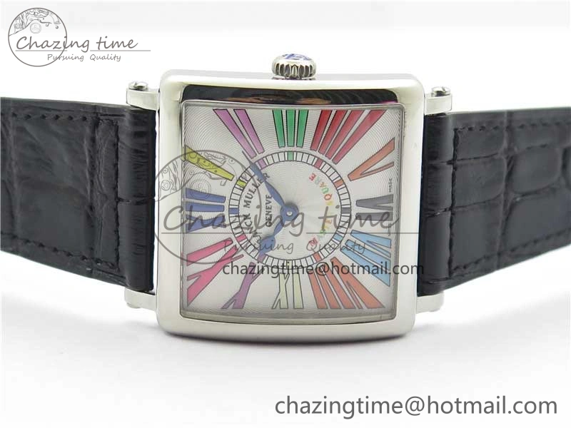 Master Square SS Ladies ZF 1:1 Best Edition White Colorful Roman Dial on Black Leather Strap Ronda Quartz