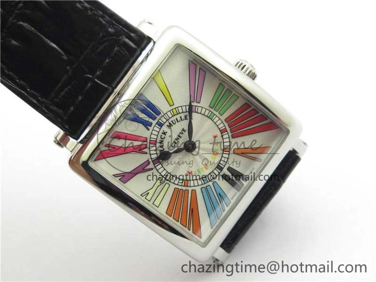 Master Square SS Ladies ZF 1:1 Best Edition White Colorful Roman Dial on Black Leather Strap Ronda Quartz