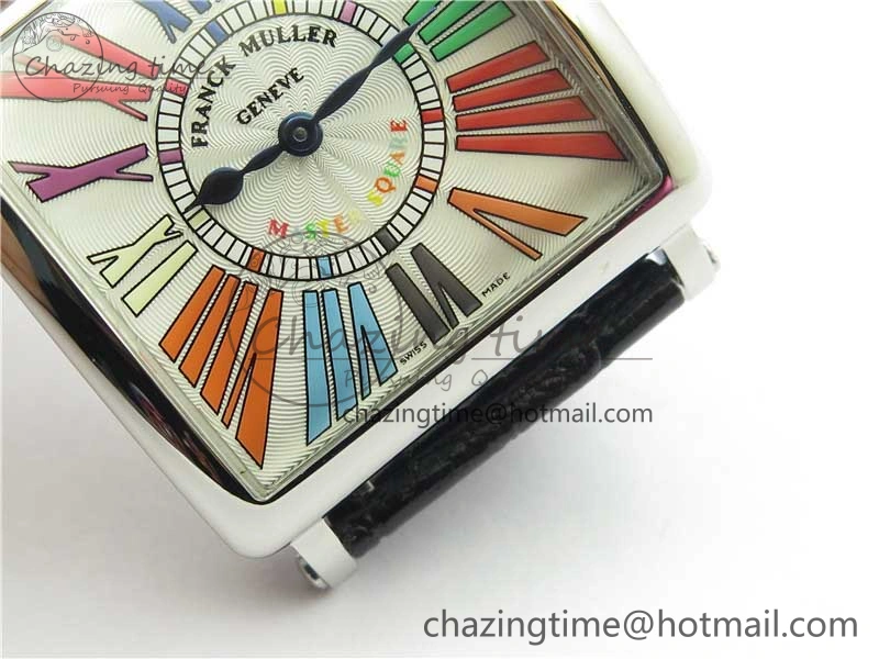 Master Square SS Ladies ZF 1:1 Best Edition White Colorful Roman Dial on Black Leather Strap Ronda Quartz