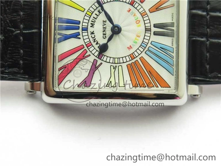 Master Square SS Ladies ZF 1:1 Best Edition White Colorful Roman Dial on Black Leather Strap Ronda Quartz