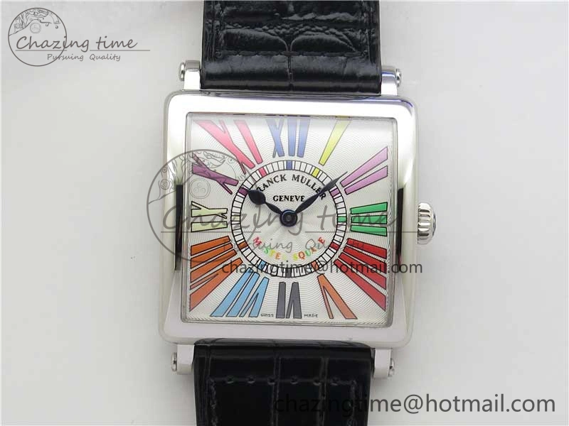 Master Square SS Ladies ZF 1:1 Best Edition White Colorful Roman Dial on Black Leather Strap Ronda Quartz