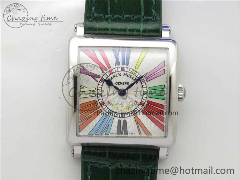 Master Square SS Ladies ZF 1:1 Best Edition White Colorful Roman Dial on Green Leather Strap Ronda Quartz