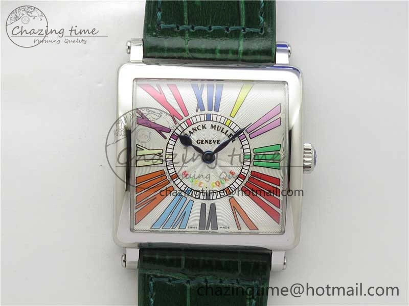 Master Square SS Ladies ZF 1:1 Best Edition White Colorful Roman Dial on Green Leather Strap Ronda Quartz