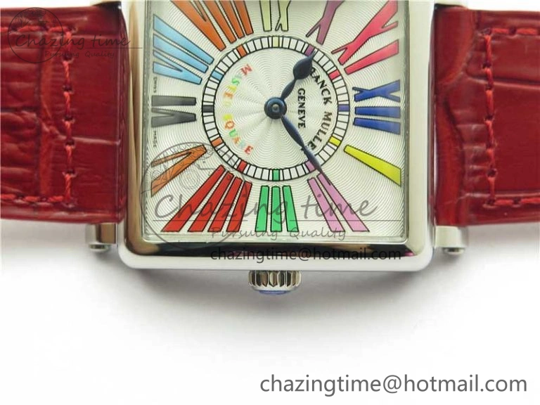 Master Square SS Ladies ZF 1:1 Best Edition White Colorful Roman Dial on Red Leather Strap Ronda Quartz