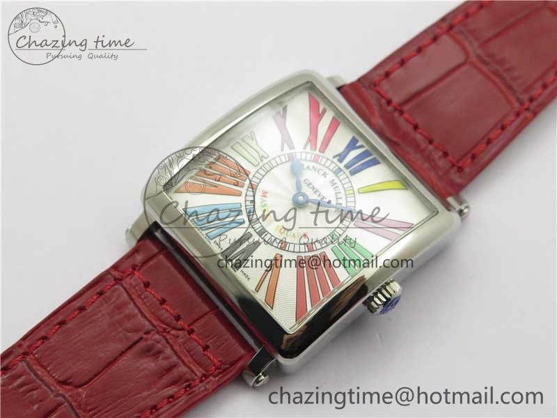 Master Square SS Ladies ZF 1:1 Best Edition White Colorful Roman Dial on Red Leather Strap Ronda Quartz