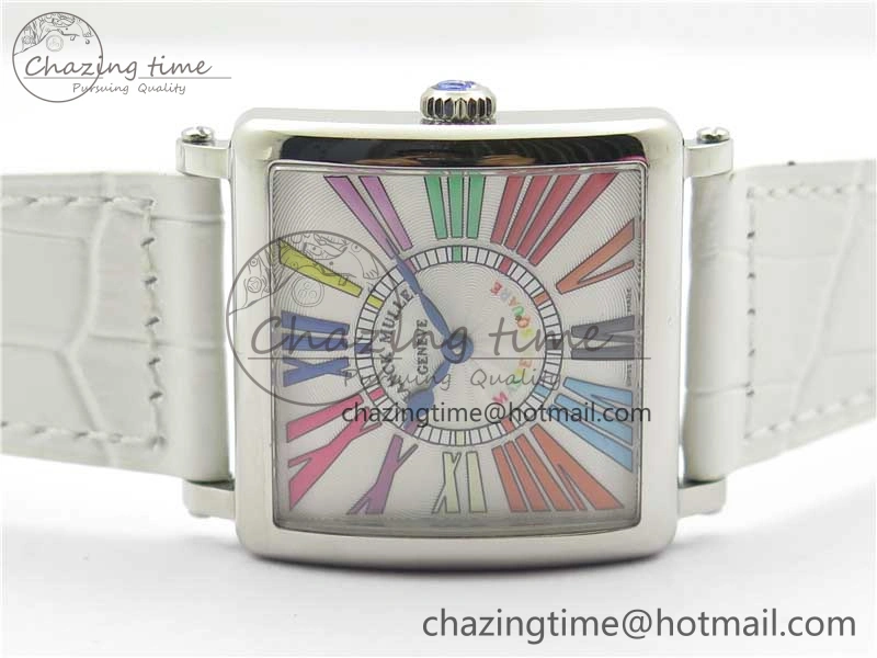 Master Square SS Ladies ZF 1:1 Best Edition White Colorful Roman Dial on White Leather Strap Ronda Quartz