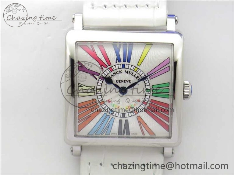 Master Square SS Ladies ZF 1:1 Best Edition White Colorful Roman Dial on White Leather Strap Ronda Quartz