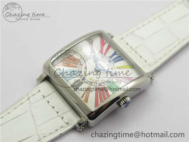 Master Square SS Ladies ZF 1:1 Best Edition White Colorful Roman Dial on White Leather Strap Ronda Quartz