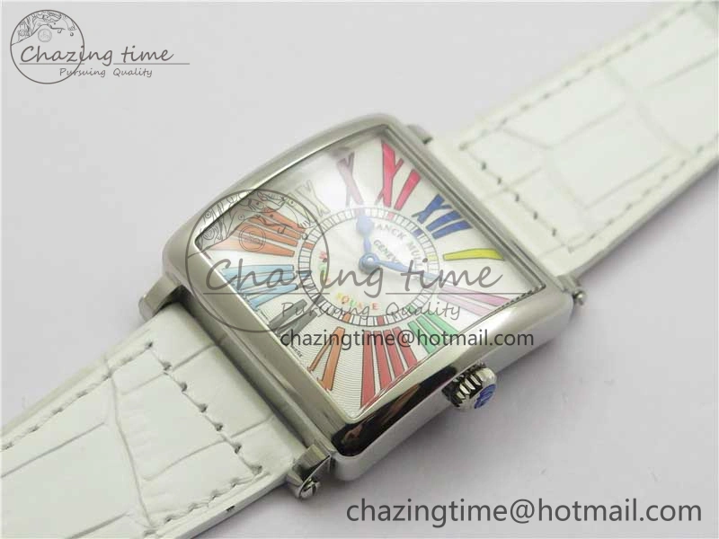 Master Square SS Ladies ZF 1:1 Best Edition White Colorful Roman Dial on White Leather Strap Ronda Quartz