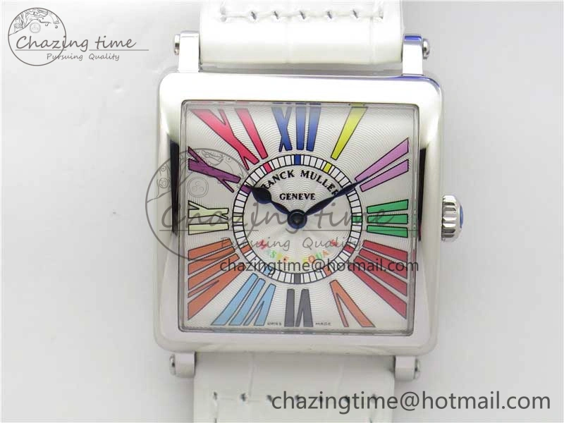 Master Square SS Ladies ZF 1:1 Best Edition White Colorful Roman Dial on White Leather Strap Ronda Quartz